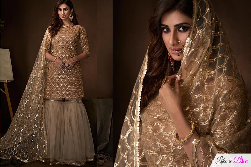 Beige Net Sequin Embellished Sharara Suit
