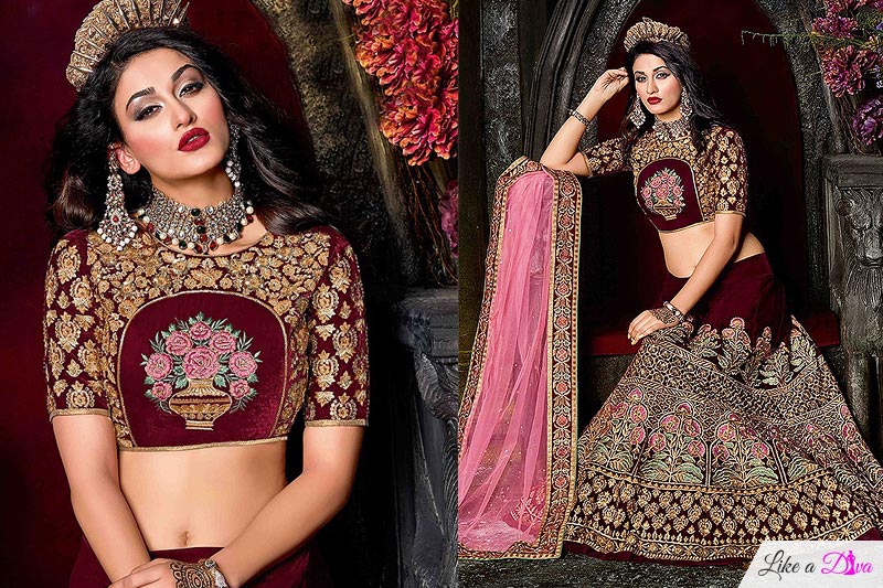 Stunning & Royal Rich Velvet Maroon Lehenga