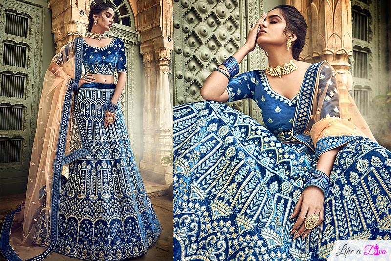 Exquisite Indigo Velvet Gota Work Lehenga