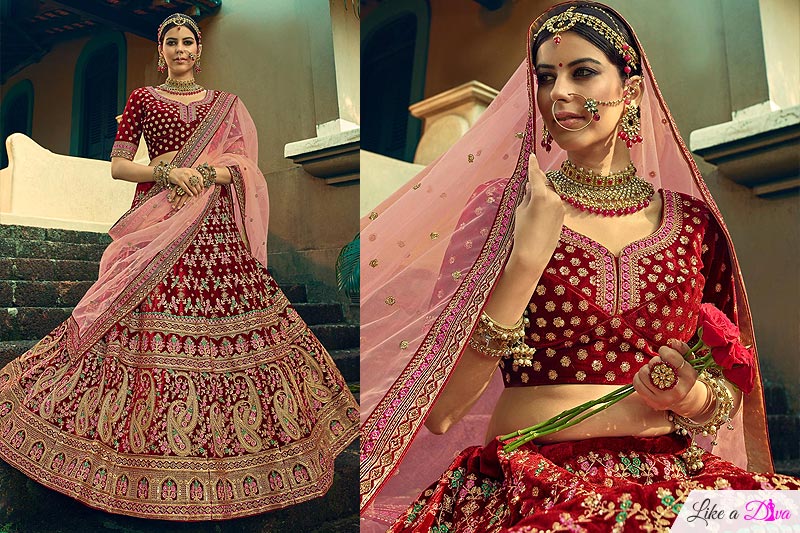 Deep Red Velvet Embellished Bridal Lehenga