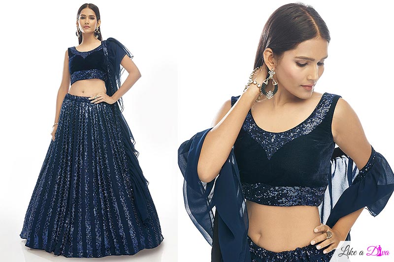 Navy Blue Embellished Velvet Lehenga Set