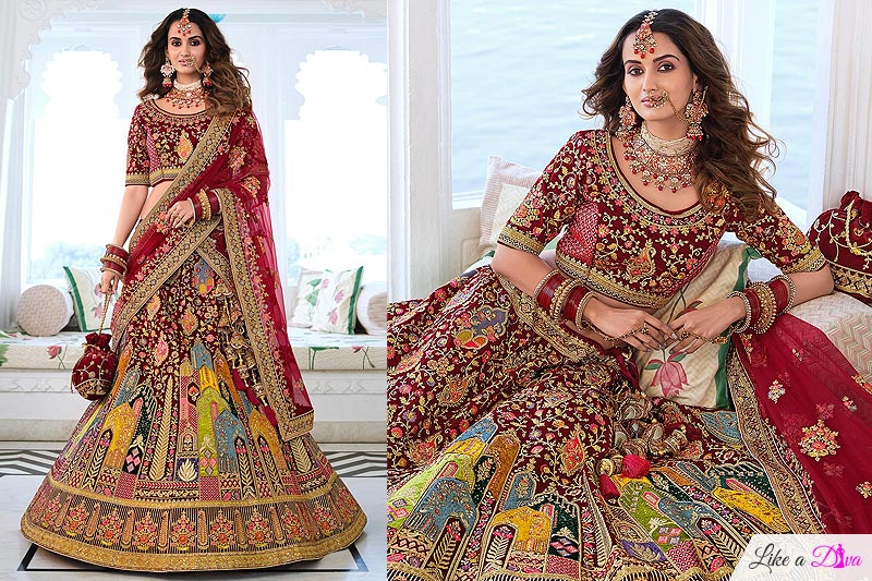 Maroon Multicolor Embroidered Velvet Lehenga