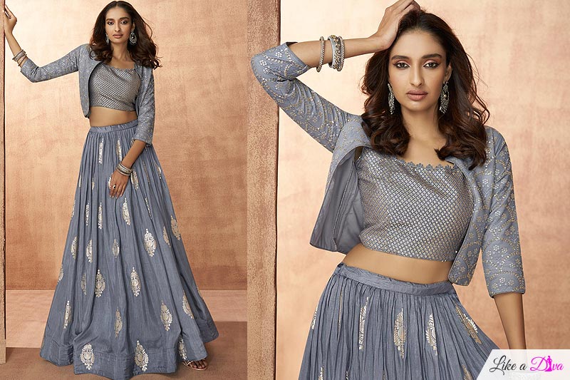 Ready To Wear Steel Blue Silk Top & Skirt Set With Jacket
