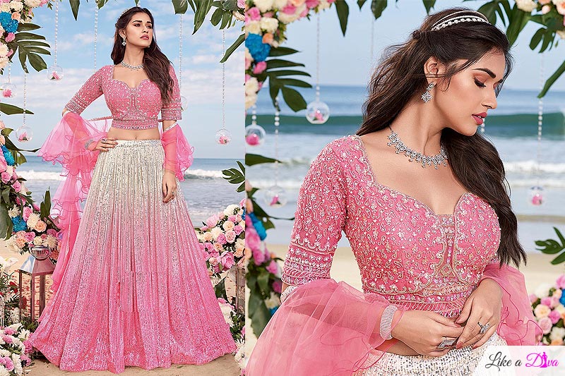Pink & Off White Georgette Ombre Effect Sequined Lehenga Set