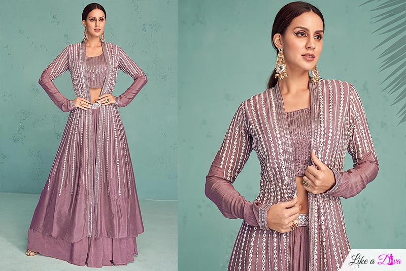 Ready To Wear Dusty Mauve Georgette Top - Skirt With Cape & Dupatta