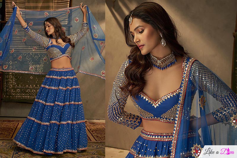 Blue Embroidered Georgette Lehenga Set