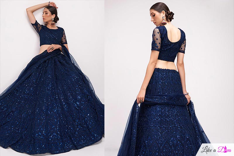 Navy Blue Net Embroidered Lehenga Choli Set
