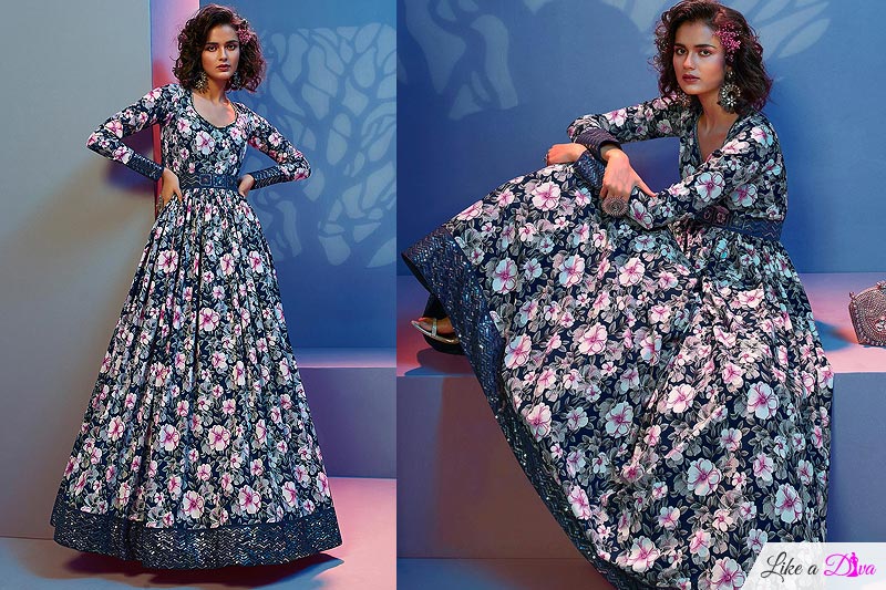 Dark Blue Printed Crepe Sequin Embellished Anarkali Gown With Belt