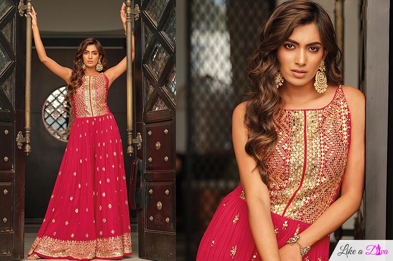 Ready To Wear Dark Pink Indo-western Chinon Jumpsuit