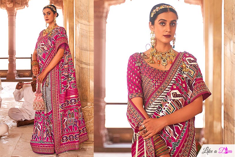 Pink & White Patola Print Silk Saree