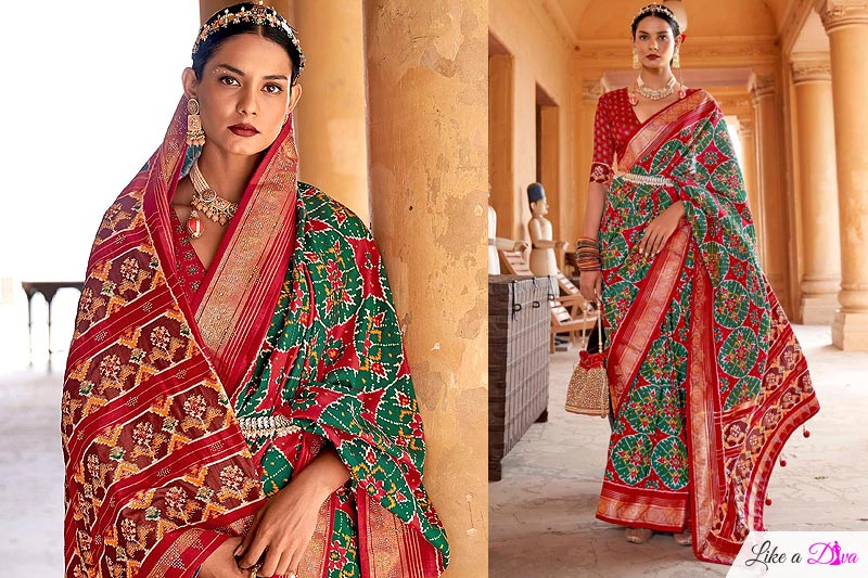 Green & Red Patola Print Silk Saree