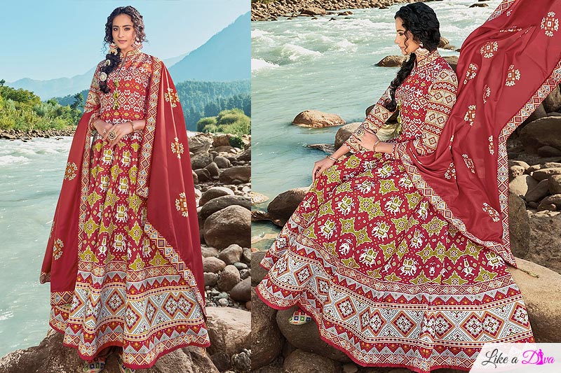 Ready To Wear Dark Red Silk Patola Print Anarkali Dress