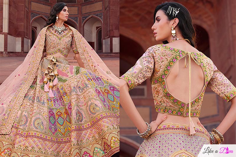 Soft Peach Silk Embroidered Lehenga Set