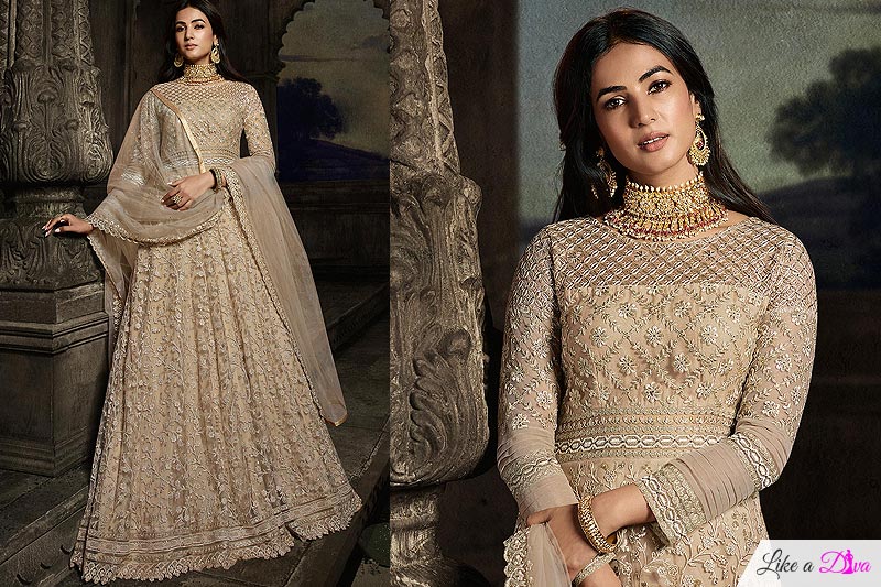 Beige Resham Embroidered Anarkali Suit With Stone Detailing
