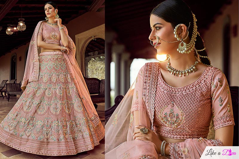Pink Peach Resham Embroidered Georgette Lehenga Choli