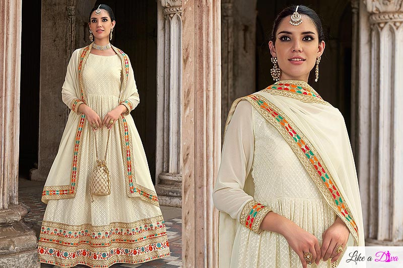 Cream Georgette Embroidered Anarkali Dress