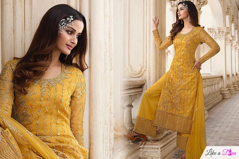 Mustard Embellished Net Suit With Palazzo