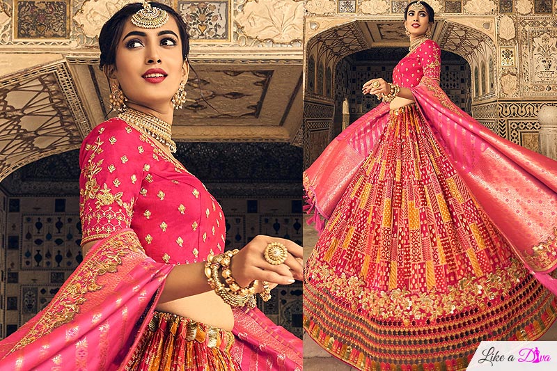 Pink & Mustard Silk Embellished Lehenga Set