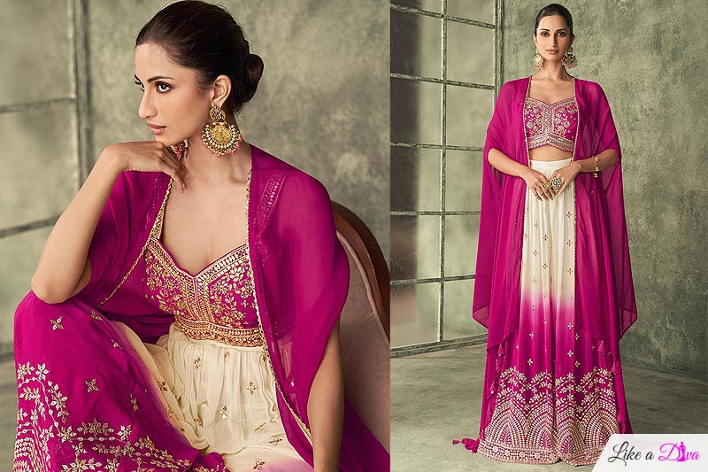 Fuchsia & Ivory Georgette Designer Top & Cape Set With Sharara