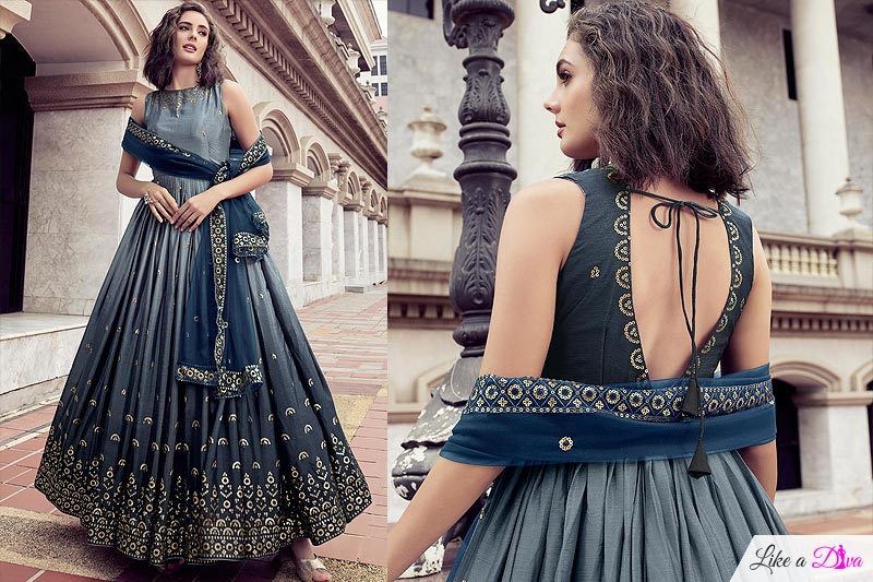 Dusty Grey-blue Chinon Embellished Anarkali Dress