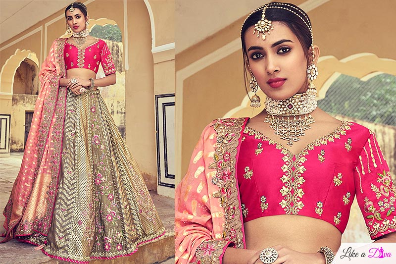 Ecru & Coral Pink Banarasi Silk Embroidered Lehenga Choli