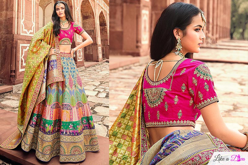 Gold-multicolor Banarasi Silk Embroidered Lehenga