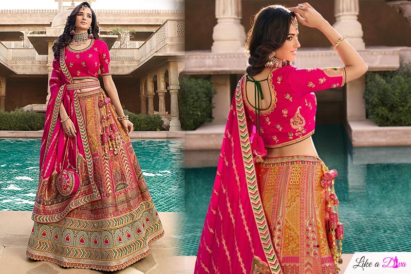 Magenta & Multicolor Banarasi Silk Embroidered Lehenga