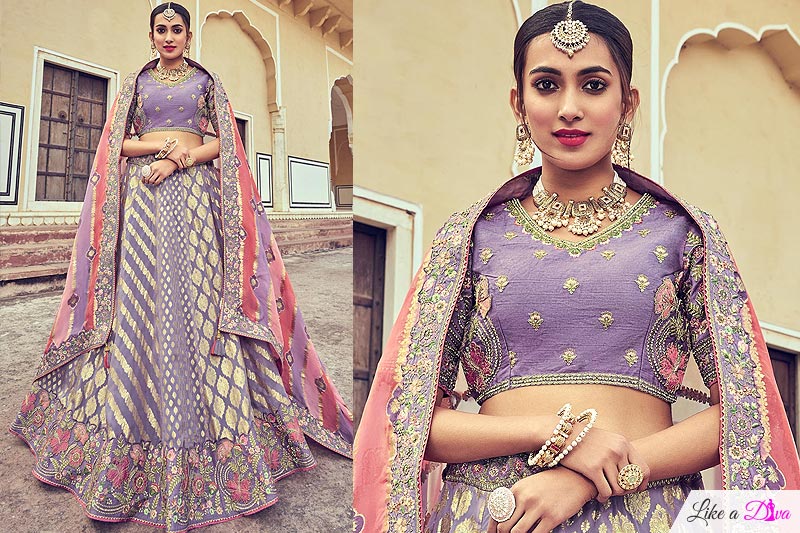Lilac Banarasi Silk Embroidered Lehenga Choli