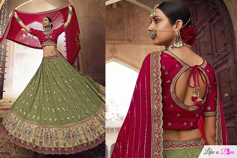 Kiwi Green & Deep Red Silk Embroidered Ethnic Lehenga Set