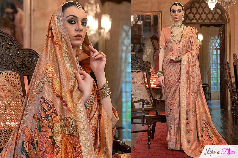 Peach Silk Patola Printed & Embellished Saree