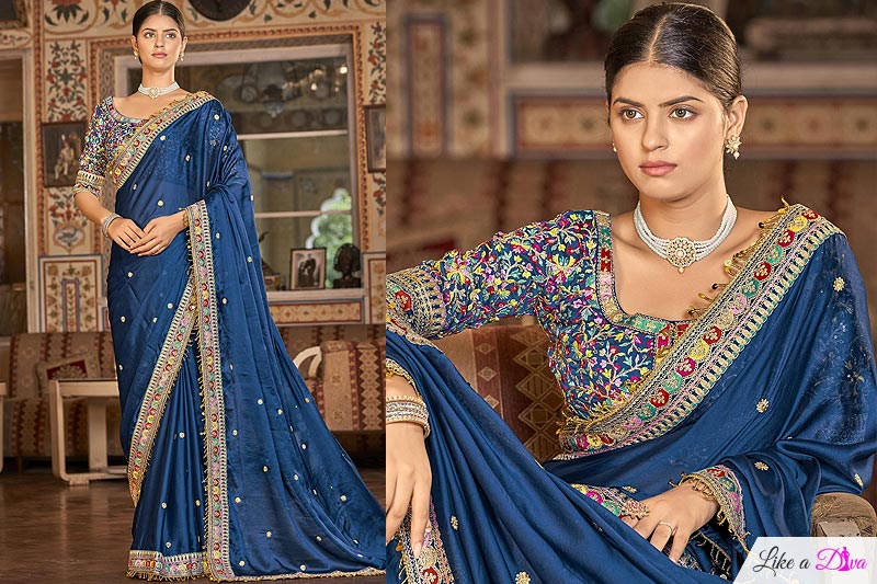 Navy Blue Organza Silk Embroidered Border Saree