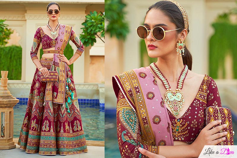 Maroon & Multicolor Woven Silk Embroidered Lehenga Set With Belt