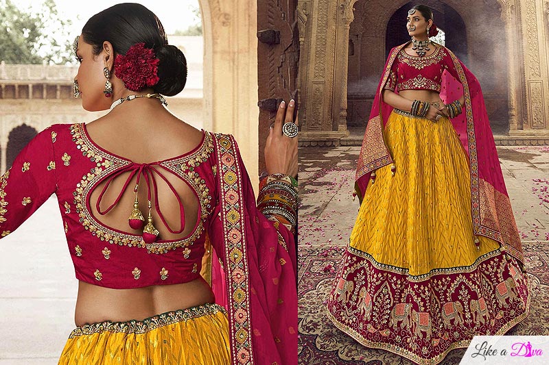 Yellow & Red Silk Embroidered Ethnic Lehenga Set
