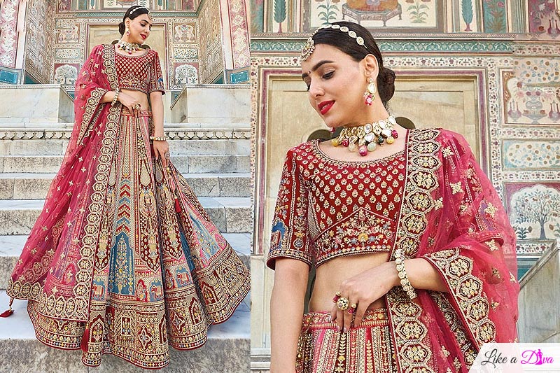 Maroon Banarasi Silk Embroidered Lehenga Choli Set