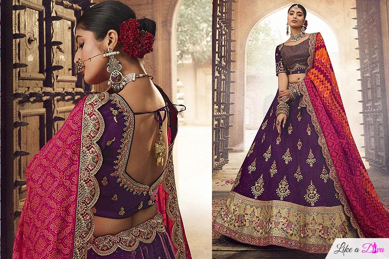 Purple Multicolor Silk Embroidered Ethnic Lehenga Set
