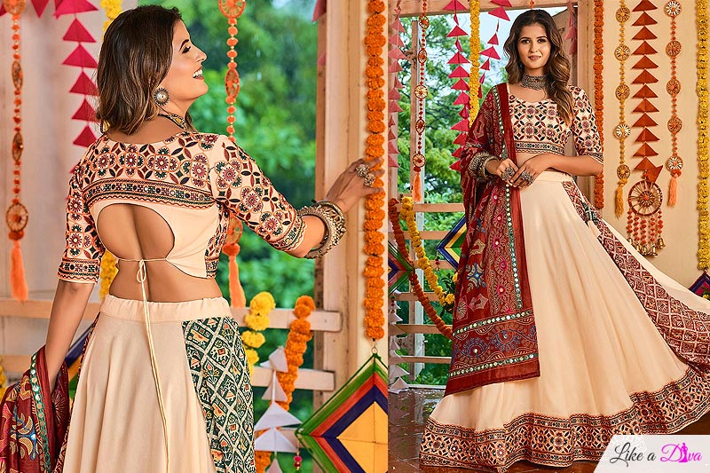Beige Embellished Cotton Lehenga Set For Navratri