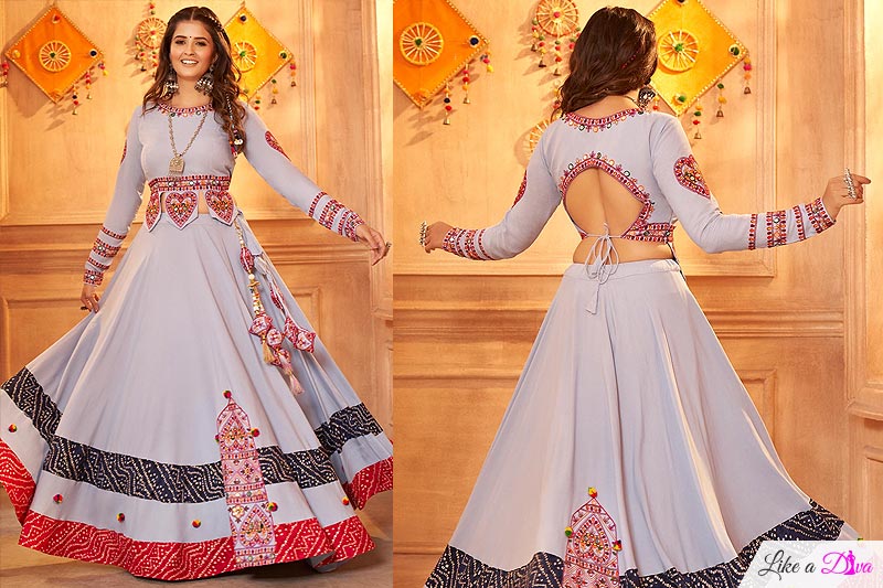 Ready To Wear Pale Lavender Embroidered Rayon Skirt & Top Set For Navratri