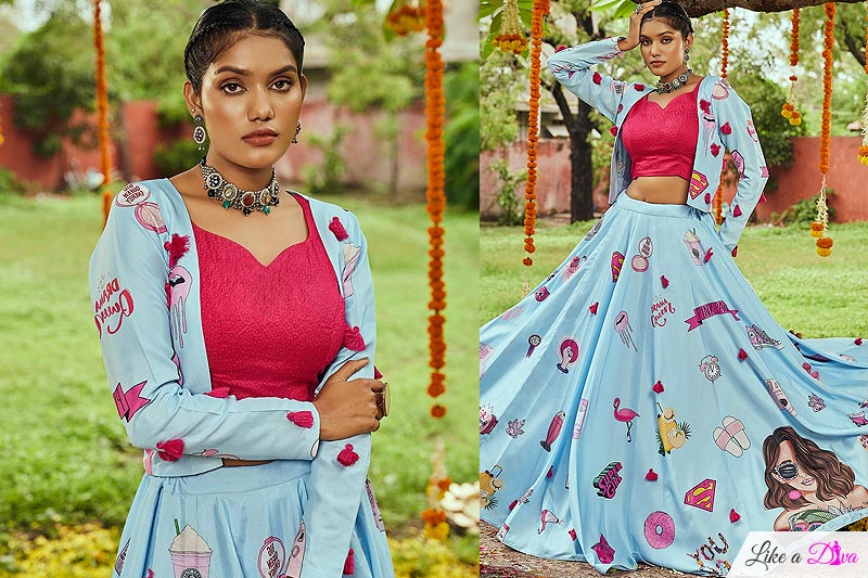 Sky Blue Quirky Printed Cotton Lehenga Set For Navratri