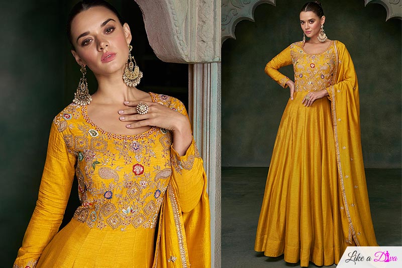 Mustard Embroidered Silk Anarkali Dress With Dupatta