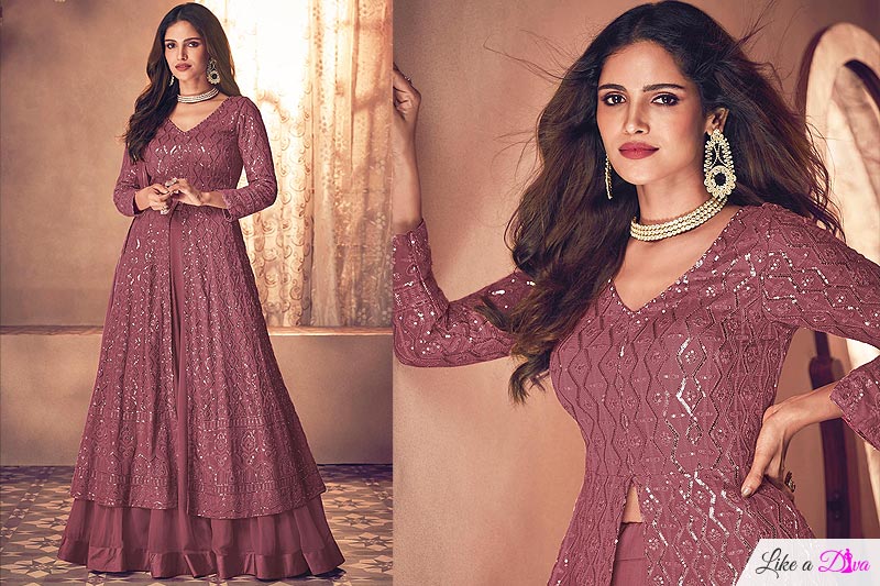 Mauve Embellished Georgette Anarkali With Skirt & Dupatta
