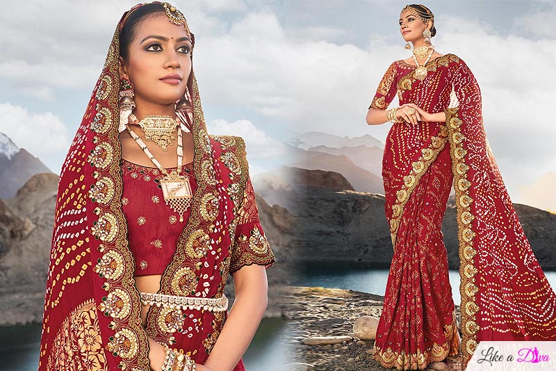 Maroon Satin Kutchi Embroidered & Printed Saree