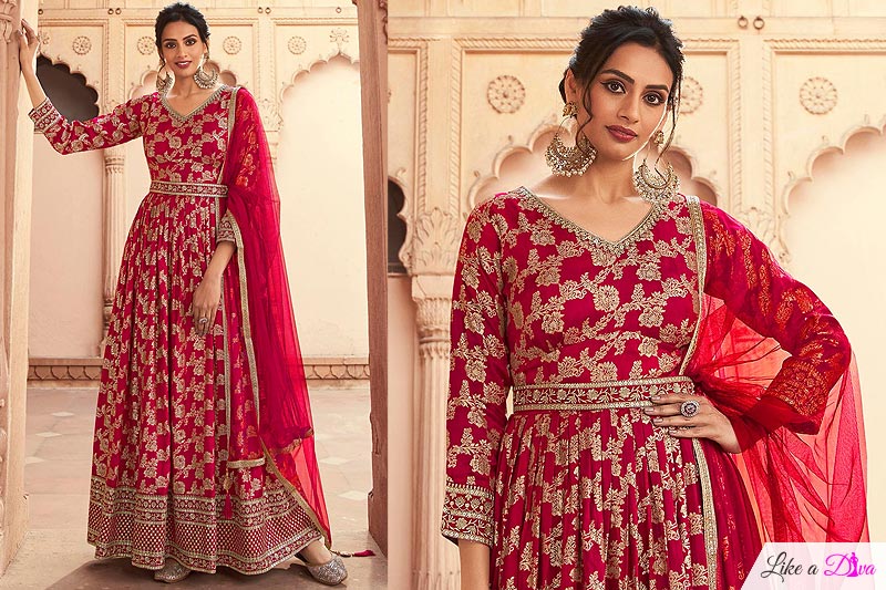 Radiant Red Jacquard Silk Embroidered Anarkali Dress With Belt