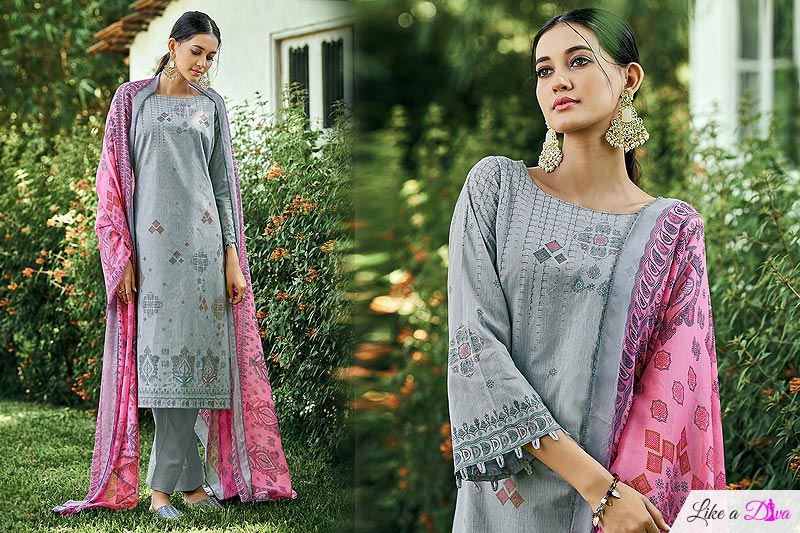 Blue Grey Cotton Kantha Printed Kurta Set With Chiffon Dupatta