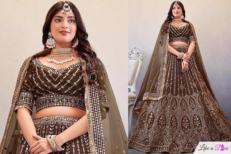 Chocolate Brown Net Embroidered Lehenga Set