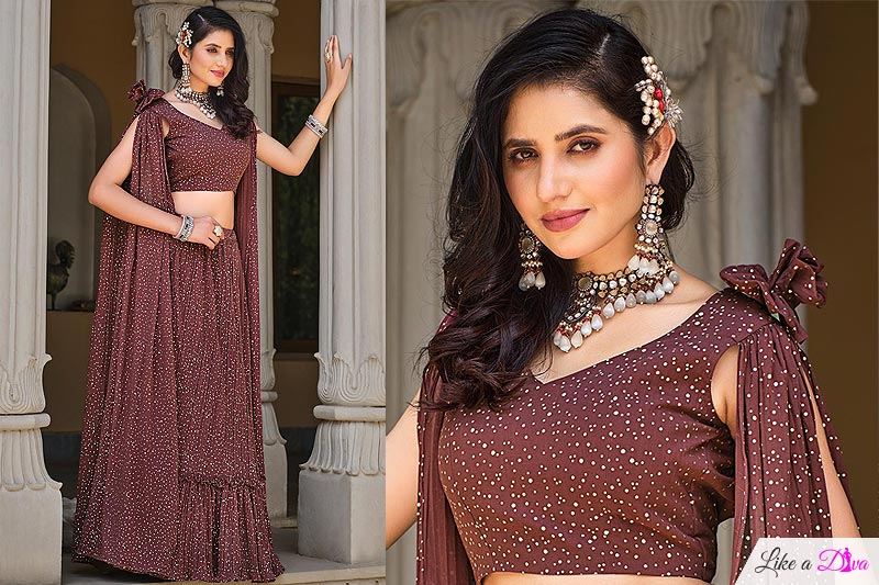 Chocolate Brown Georgette Foil Work Top & Skirt