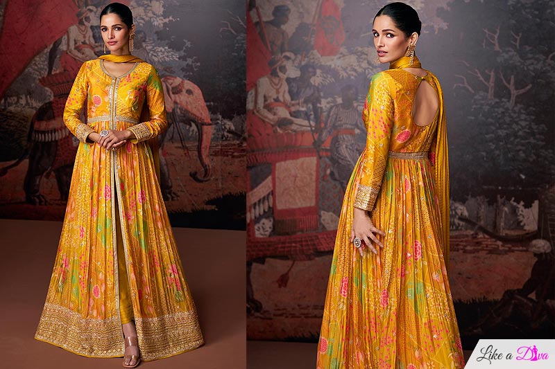 Bright Mustard Georgette Printed & Embroidered Front Slit Anarkali Dress
