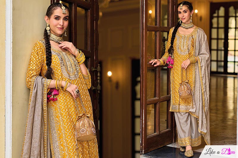 Ready To Wear Mustard & Beige Chinon Embroidered Kurta Set