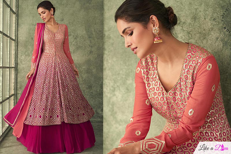 Red & Magenta Georgette Embroidered Anarkali Dress With Skirt