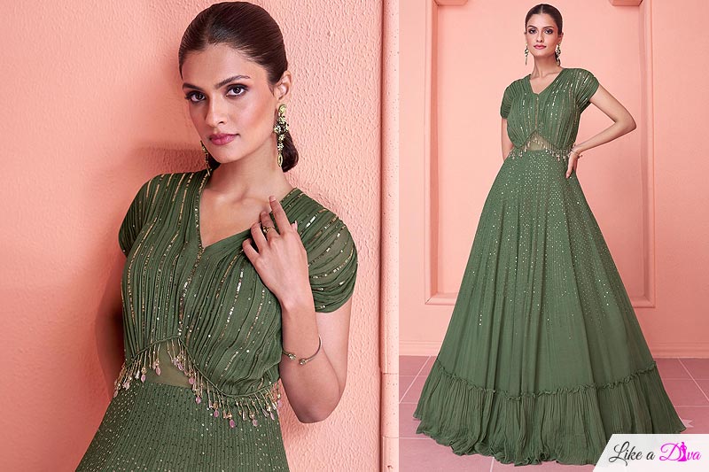 Forest Green Georgette Embroidered Evening Gown