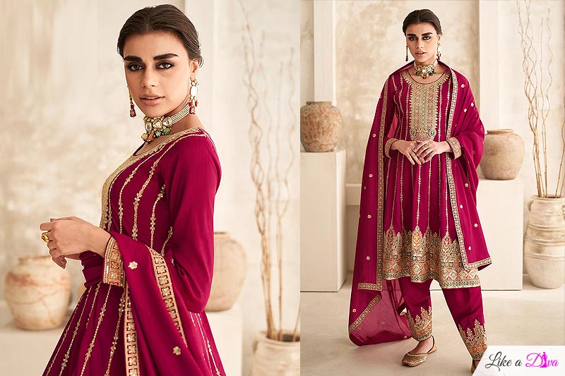 Magenta Pink Silk Embroidered Flared Tunic Style Kurta Set